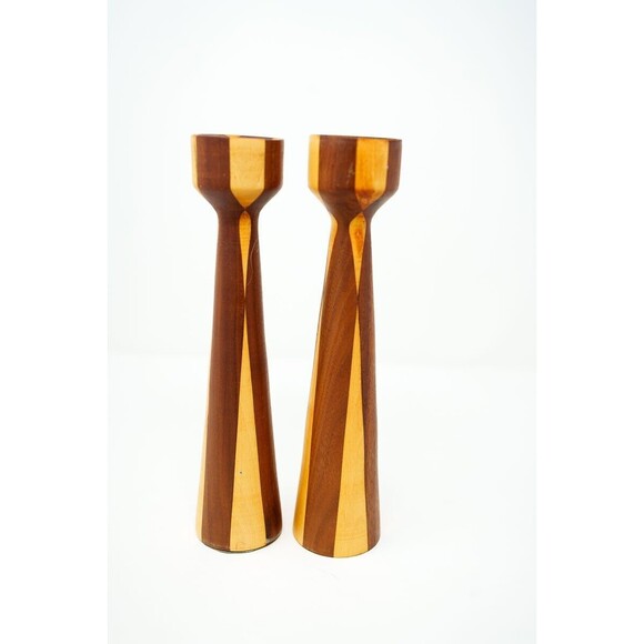 Set of 2 Vintage MCM two-tone wood Candlesticks pair 9.25" Mid-century Danish - Picture 2 of 6